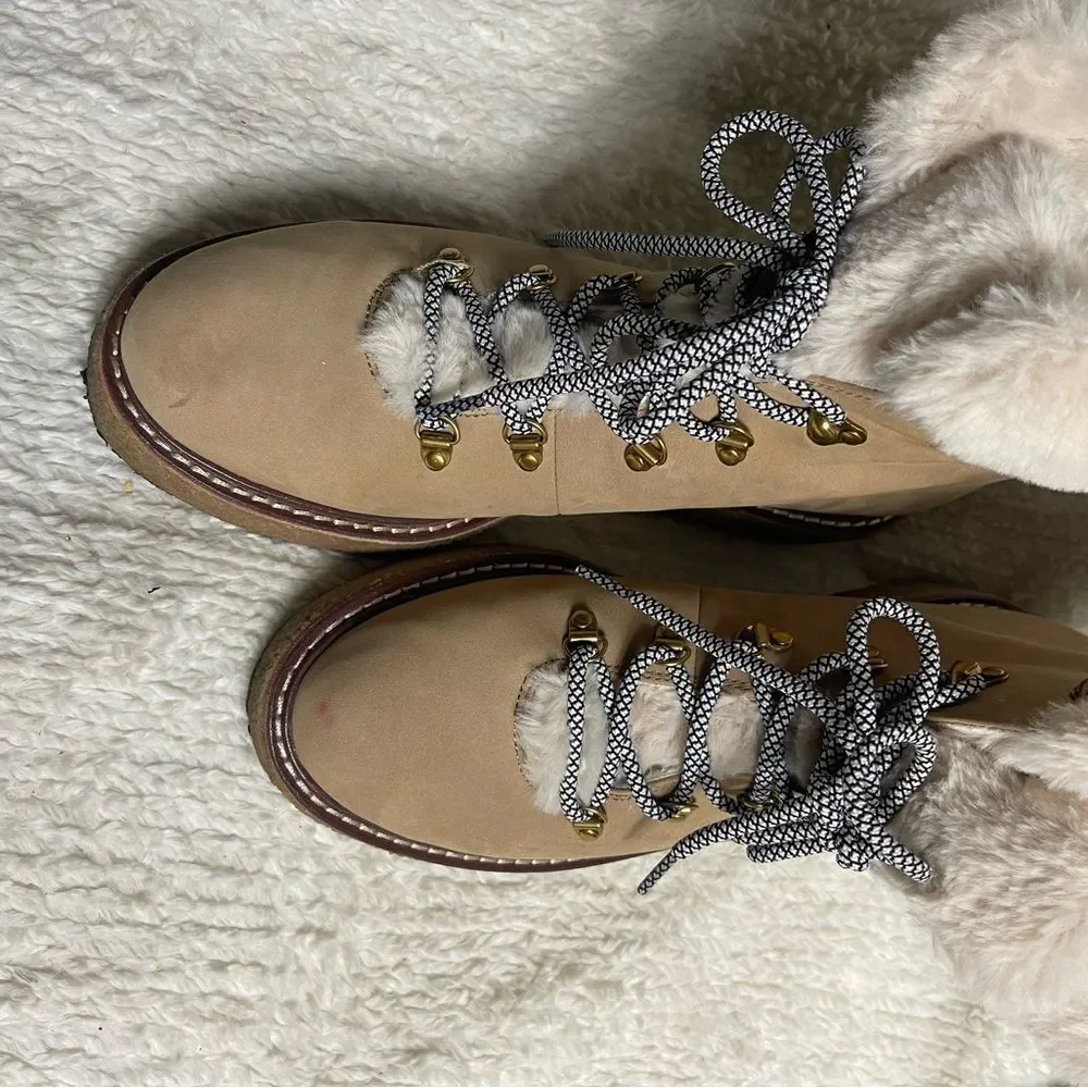 J Crew Wedged Synthetic Nubuck Khaki lace up boots Faux fur lining SZ10